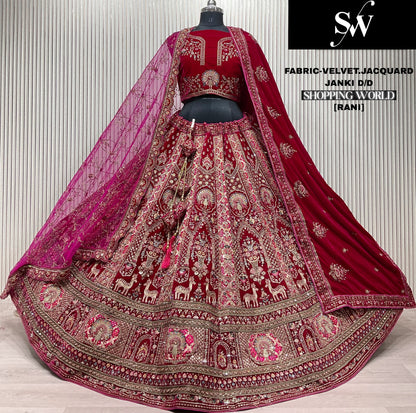 Lavishing Rani pink Double Duptta Velvet jacquard Bridal Lehenga