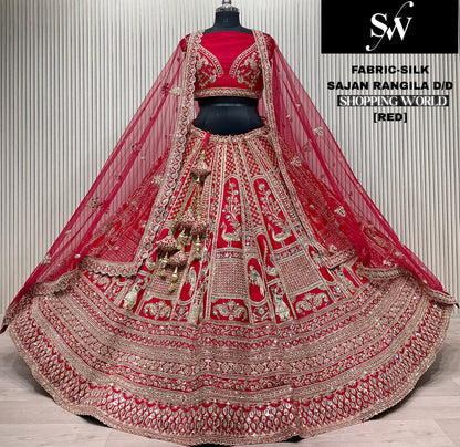 Engaging red Silk peacock Bridal Lehenga