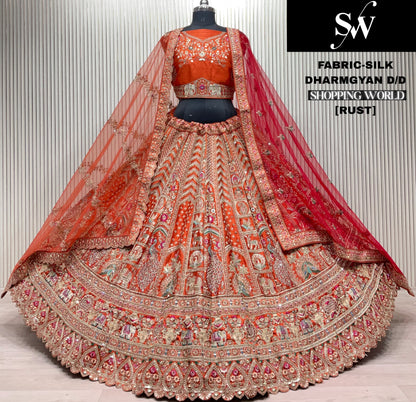Khoobsurat Rust orange Silk Peacock Double Duptta Bridal Lehenga