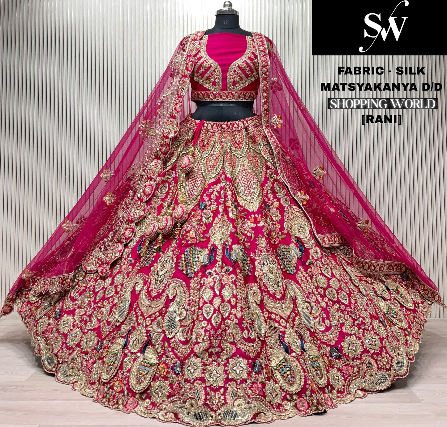Gorgeous red peacock Double Dupatta Silk Bridal Lehenga