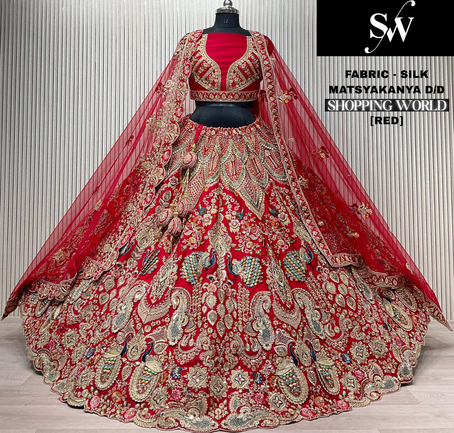 Gorgeous red peacock Double Dupatta Silk Bridal Lehenga