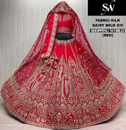 Delightful Red peacock Tail dupatta Silk Bridal Lehenga
