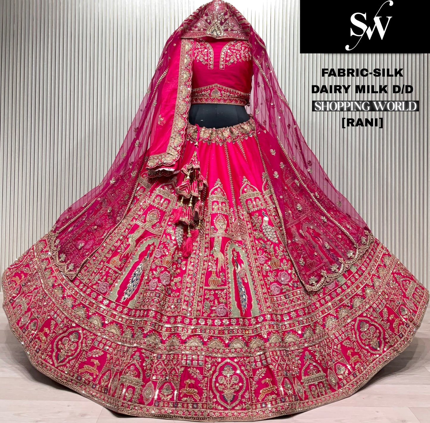 Delightful Red peacock Tail dupatta Silk Bridal Lehenga