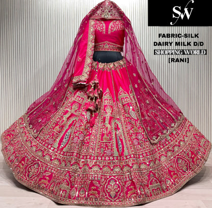Delightful Red peacock Tail dupatta Silk Bridal Lehenga