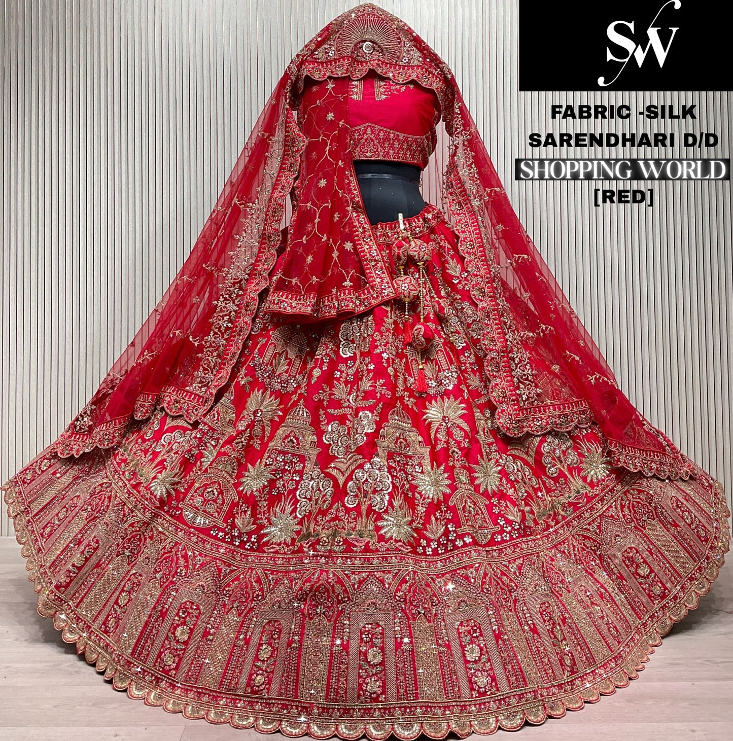 Embellished Red Tail dupatta Silk Bridal Lehenga