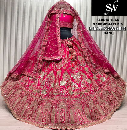 Embellished Red Tail dupatta Silk Bridal Lehenga