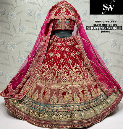 Eye catching peacock Rani pink Tail dupatta Velvet Bridal Lehenga