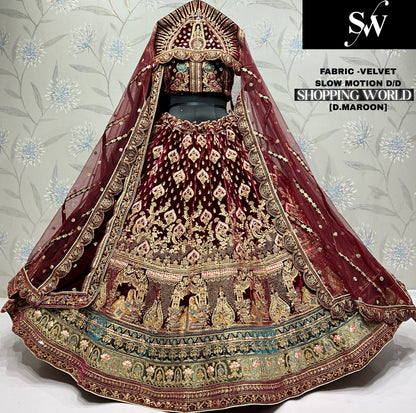 Eye catching peacock Rani pink Tail dupatta Velvet Bridal Lehenga