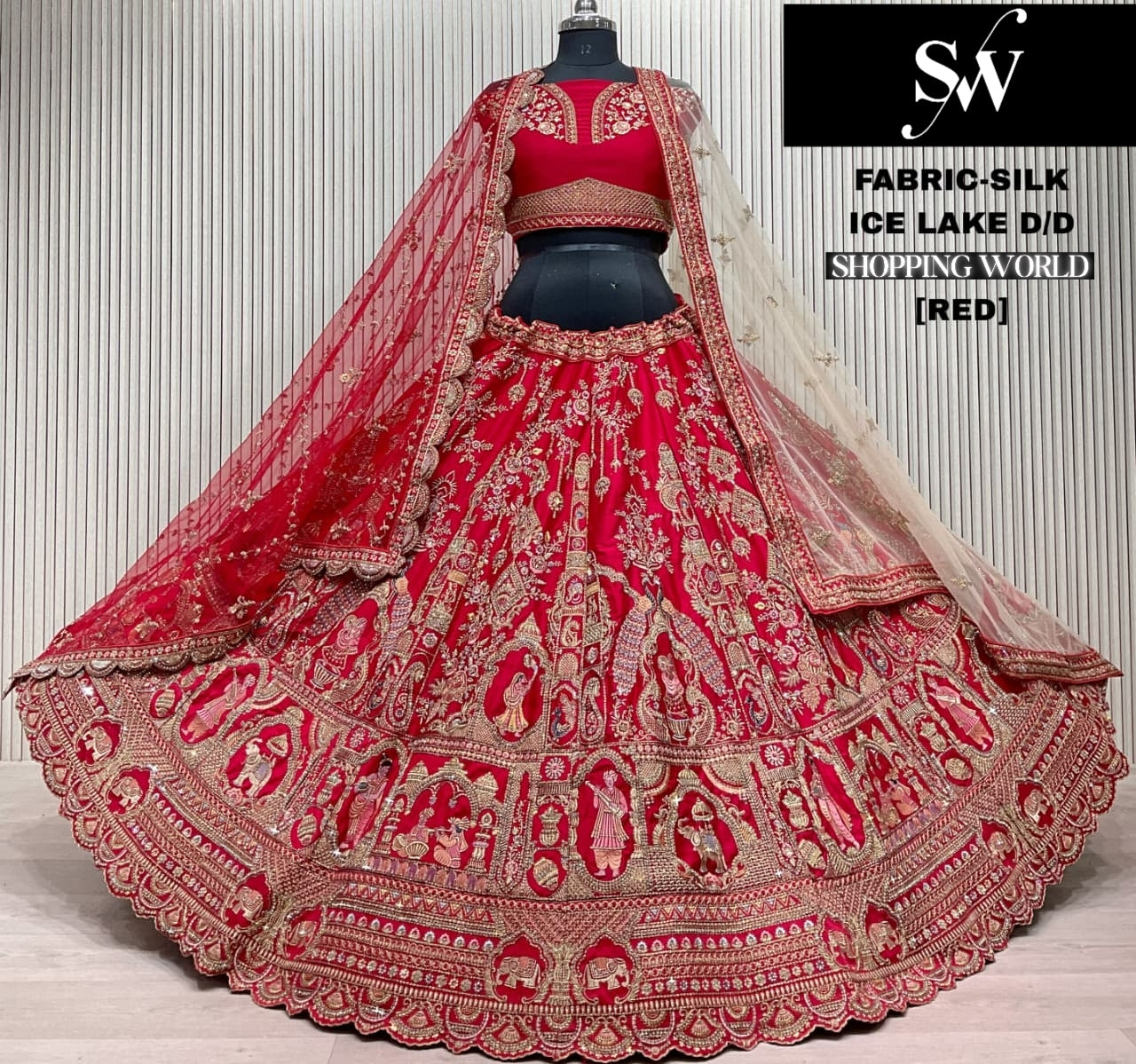 Fantastic red Silk Double Duptta Tail Bridal Lehenga