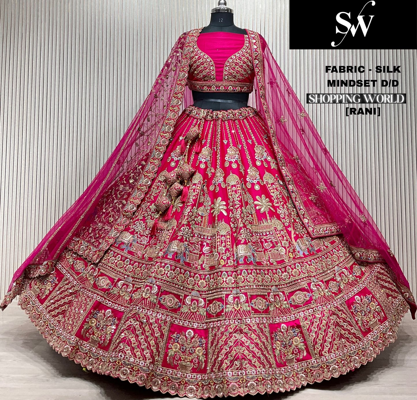 Stunning Rani pink peacock Silk Double Duptta Bridal Lehenga