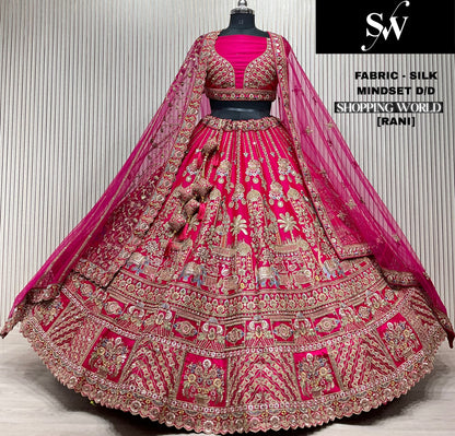 Stunning Rani pink peacock Silk Double Duptta Bridal Lehenga
