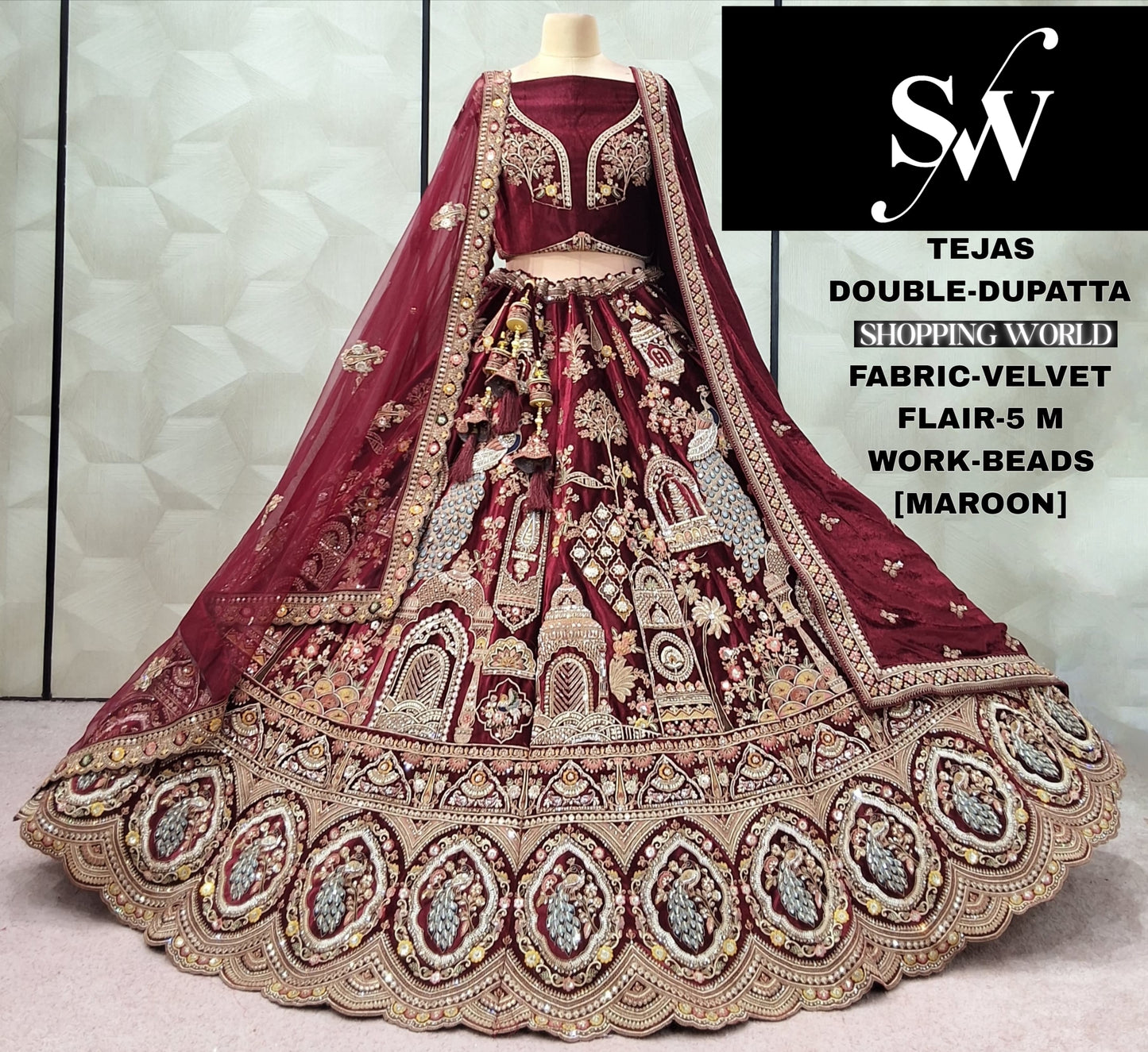 Good looking peacock Velvet Double Duptta Bridal Lehenga