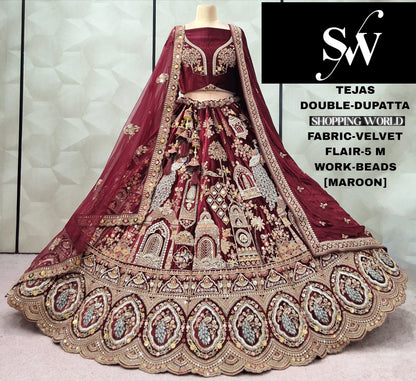 Good looking peacock Velvet Double Duptta Bridal Lehenga