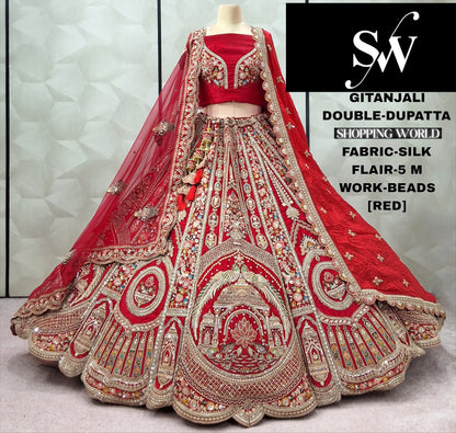 Glamorous red peacock Silk Double Duptta Bridal Lehenga
