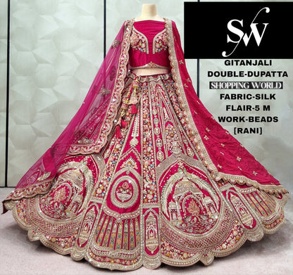 Glamorous red peacock Silk Double Duptta Bridal Lehenga