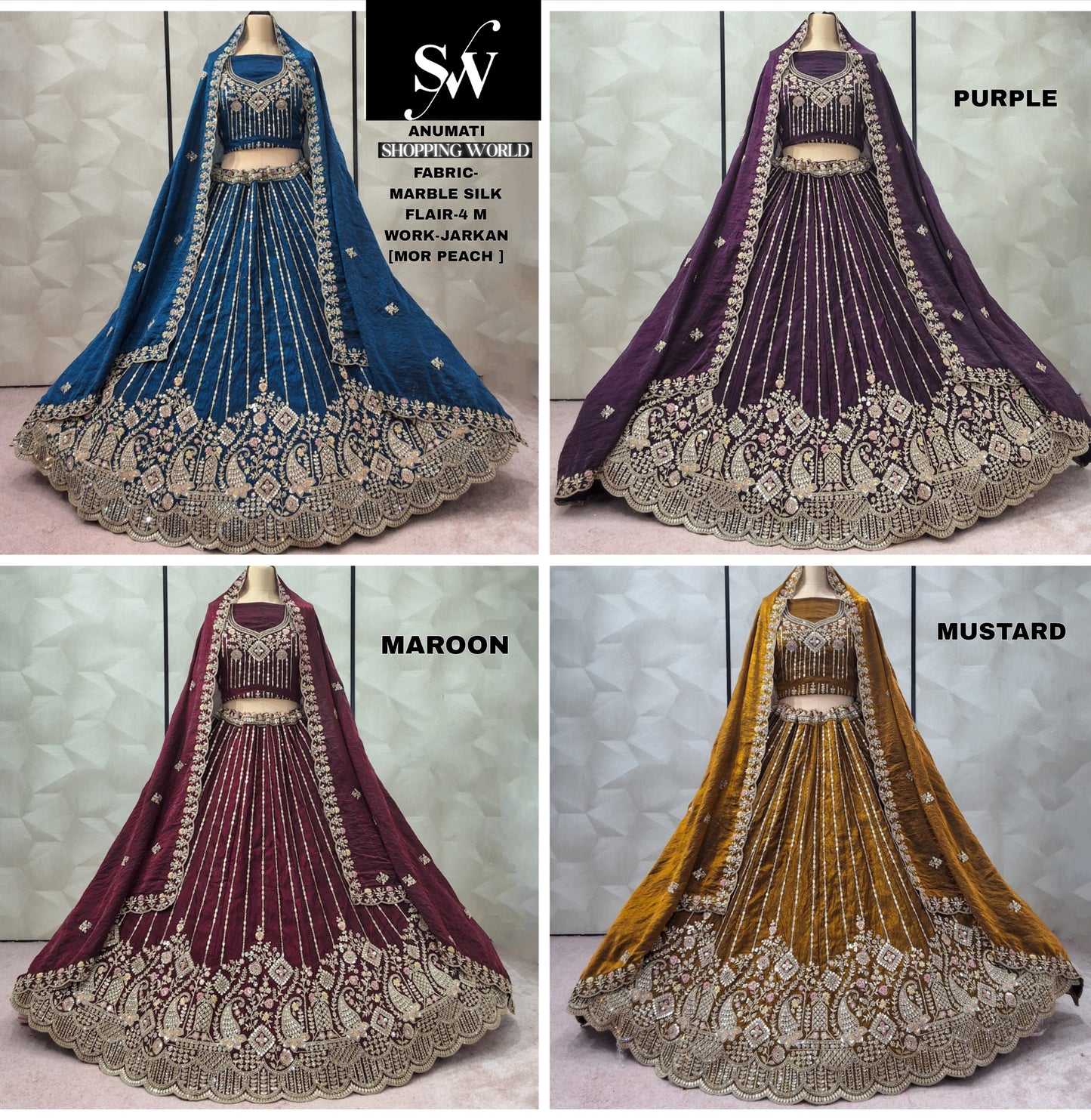 Fabulous Morpeach blue purple Maroon Mustard Lehenga