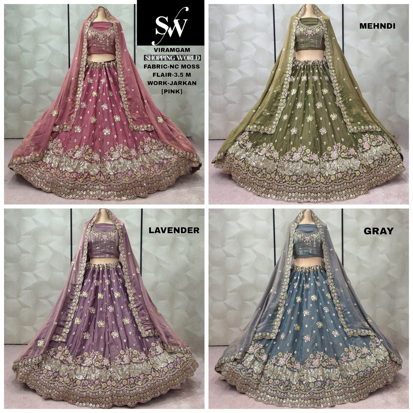 Fantastic pink Mehendi green Lavender Grey Nc moss Lehenga