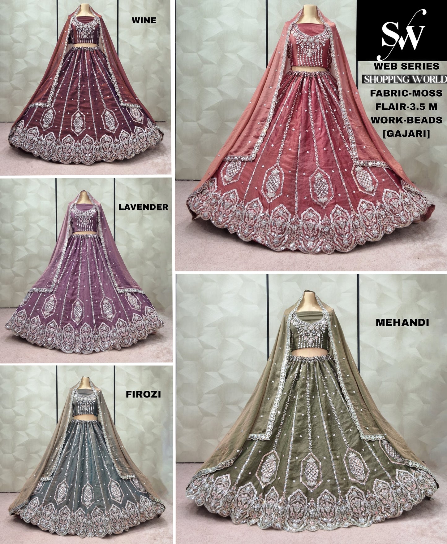 Engaging Gajri pink Wine Lavender Firozi Mehendi green Moss Lehenga