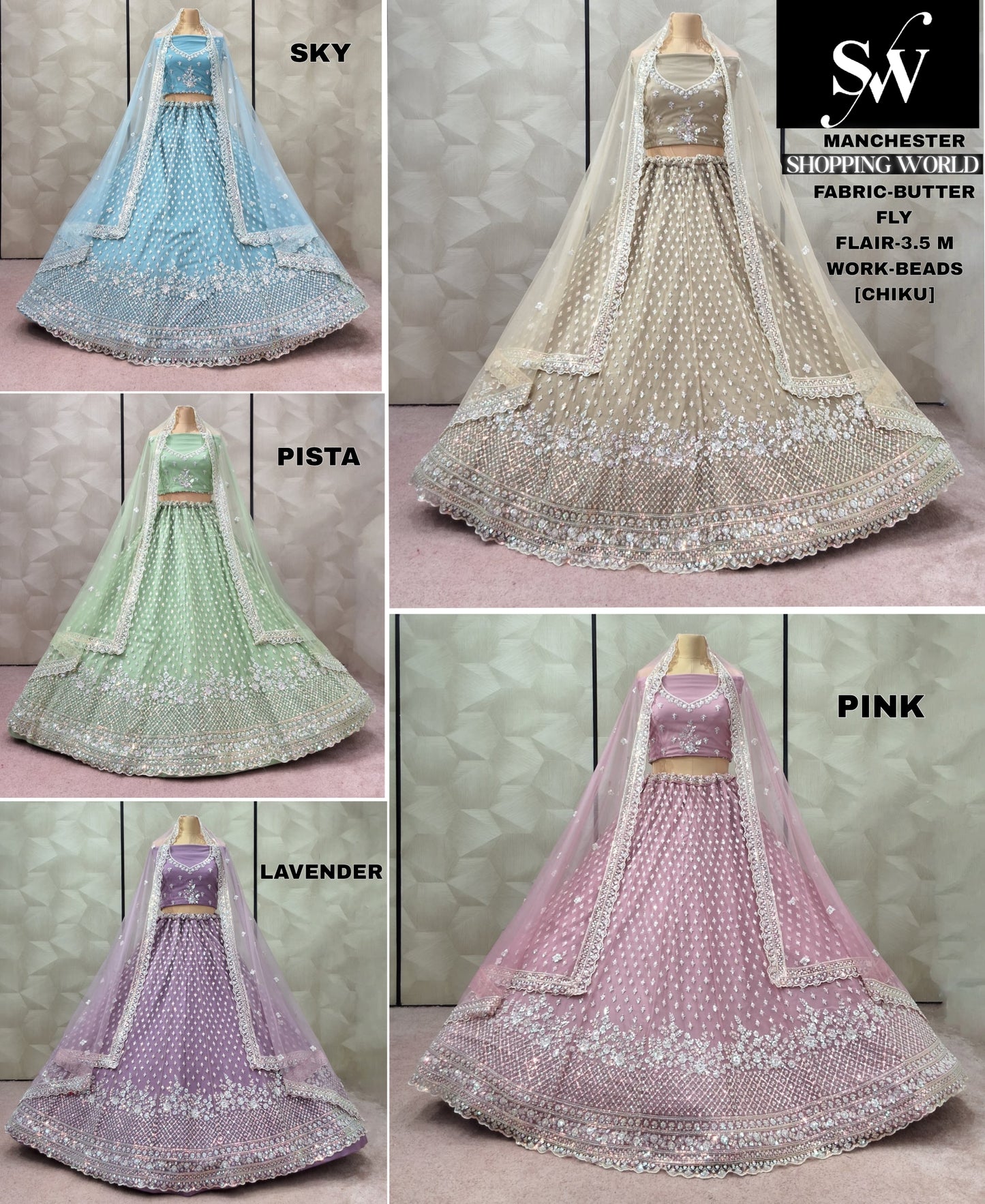 Elegant Chiku golden Sky blue Pista green Lavender pink Lehenga