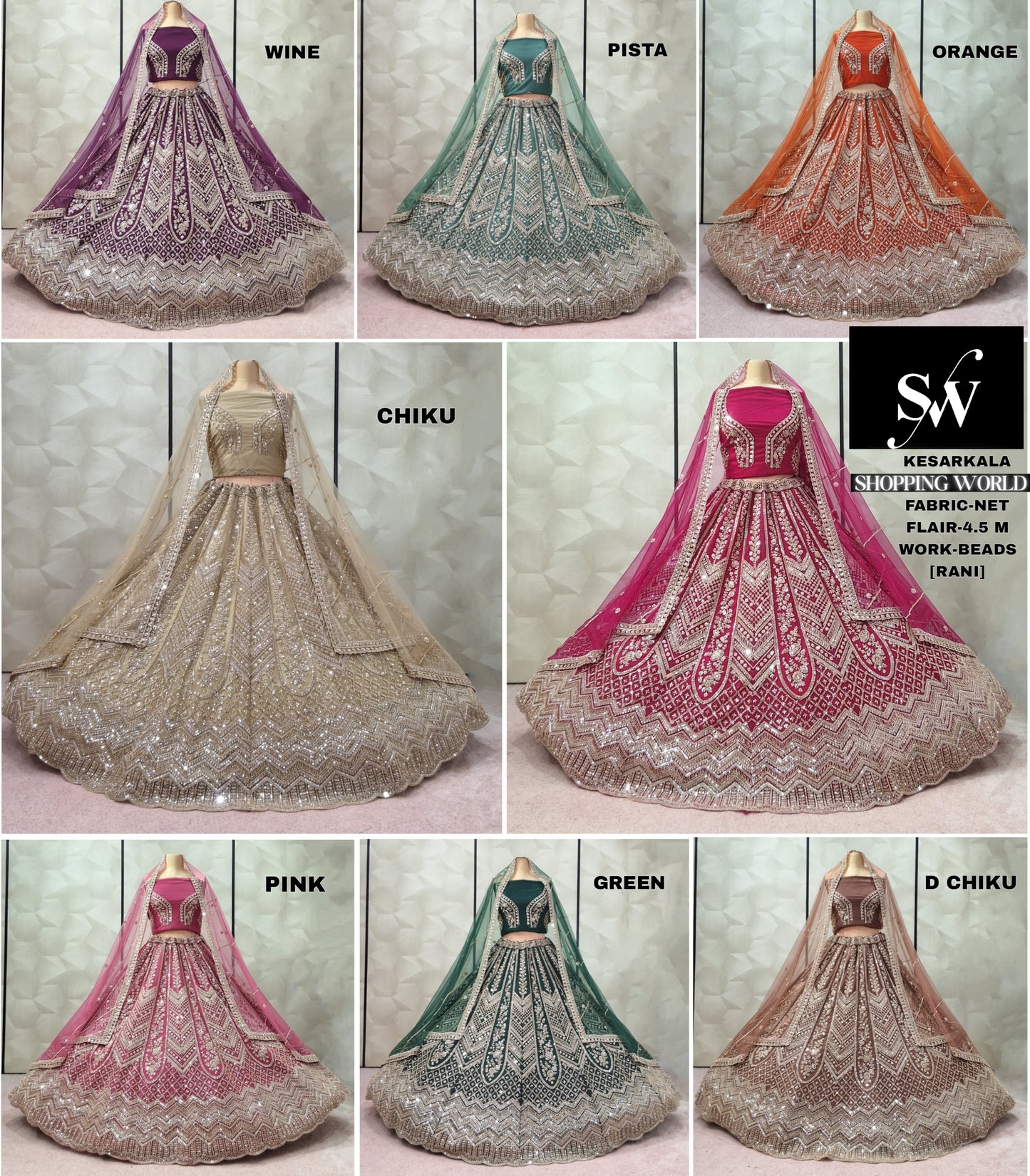 Khoobsurat wine Pista green Orange Chiku golden Rani pink Pink Green Dark chiku golden Net Lehenga