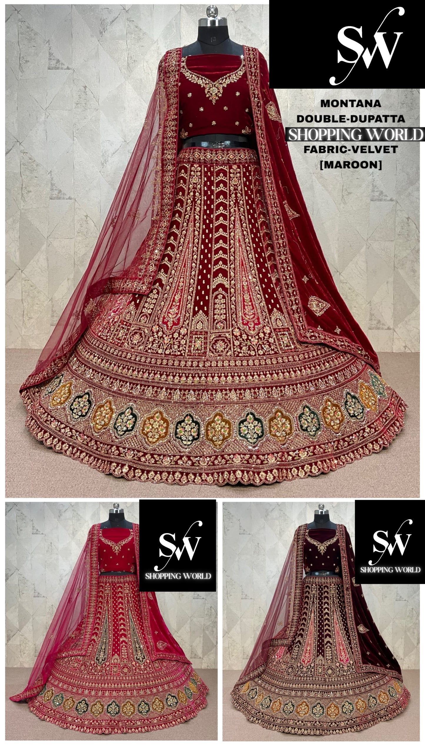 Khoobsurat maroon Double Duptta Velvet Bridal Lehenga