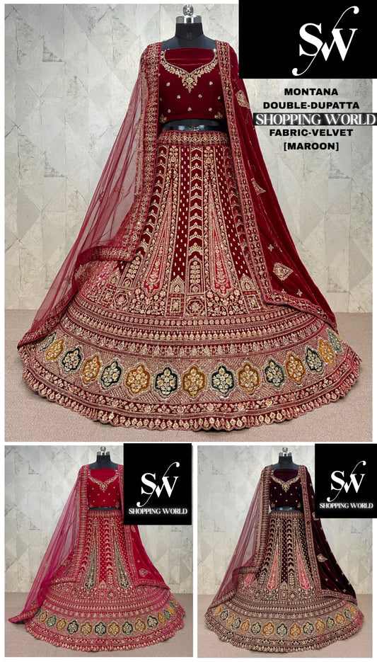 Khoobsurat maroon Double Duptta Velvet Bridal Lehenga