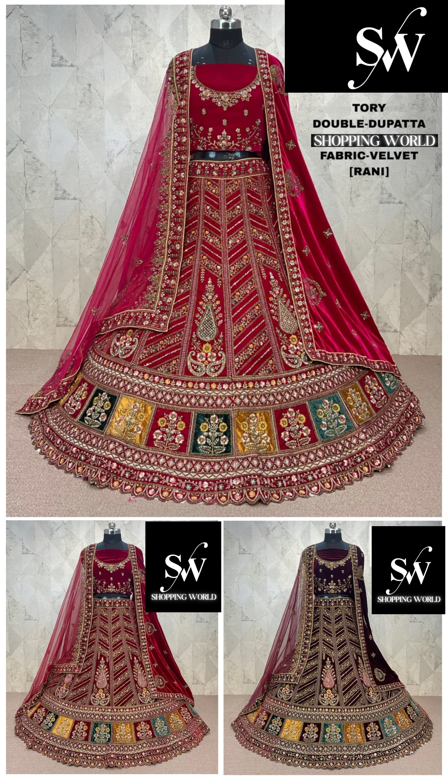 Beautiful Rani pink Double Duptta Velvet Bridal Lehenga