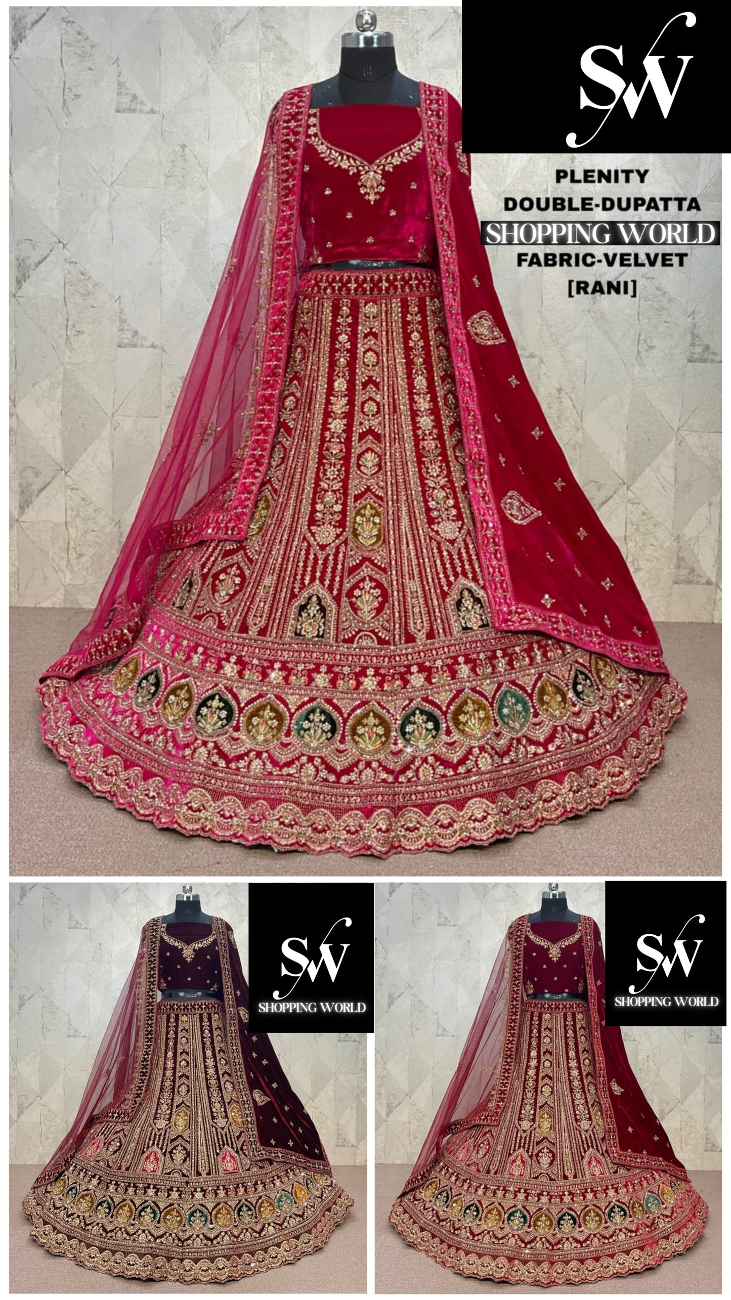 Tremendous Rani pink Double Duptta Velvet Bridal Lehenga