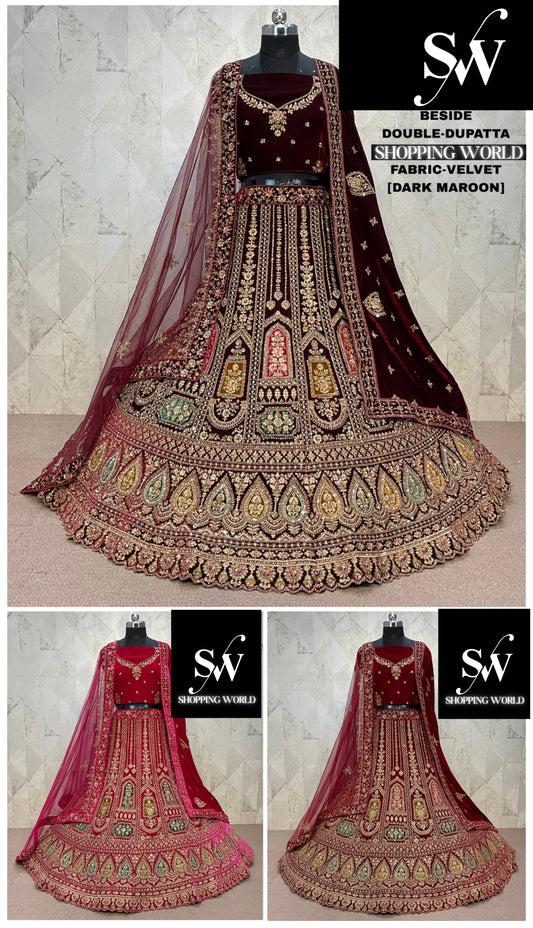 Gorgeous Dark maroon Double Duptta Velvet Bridal Lehenga