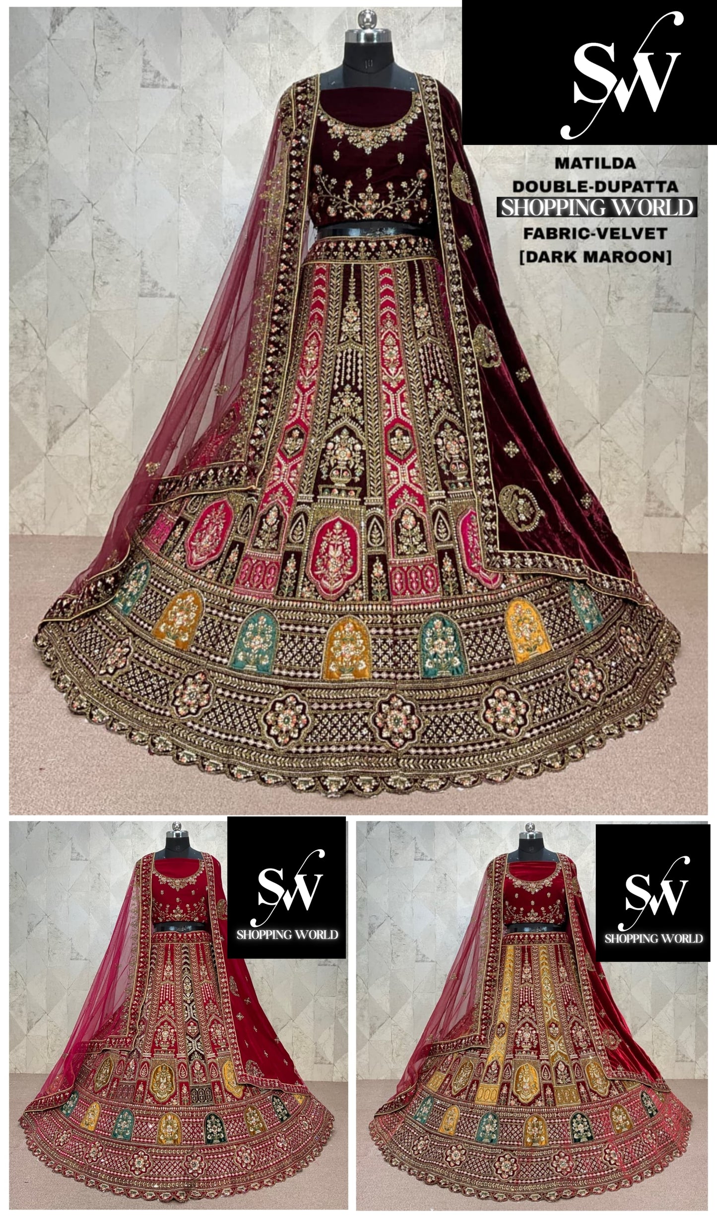 Attractive Dark maroon Double Duptta Velvet Bridal Lehenga