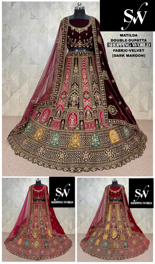 Attractive Dark maroon Double Duptta Velvet Bridal Lehenga
