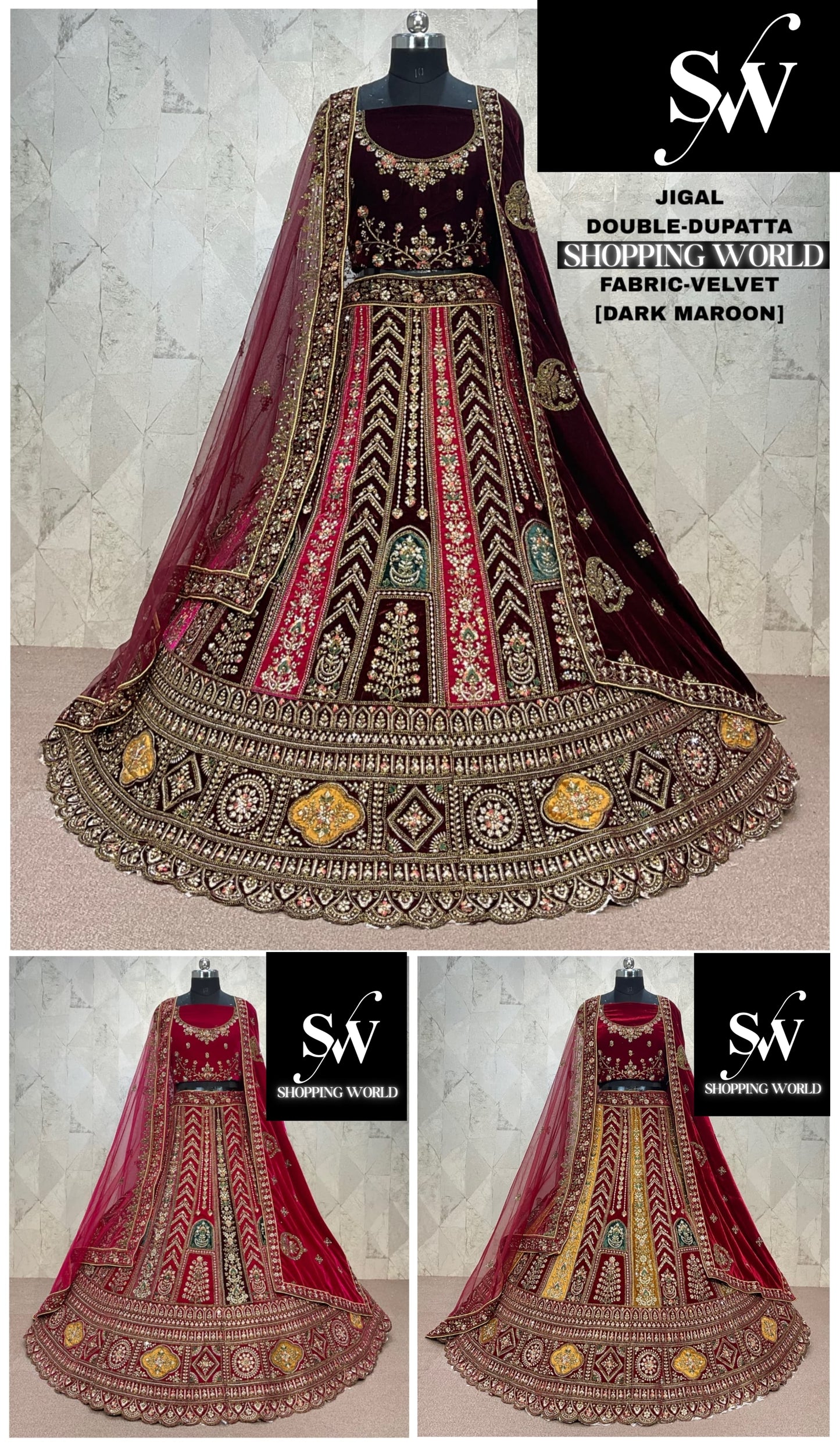 Fantastic Dark maroon Double Duptta Velvet Bridal Lehenga
