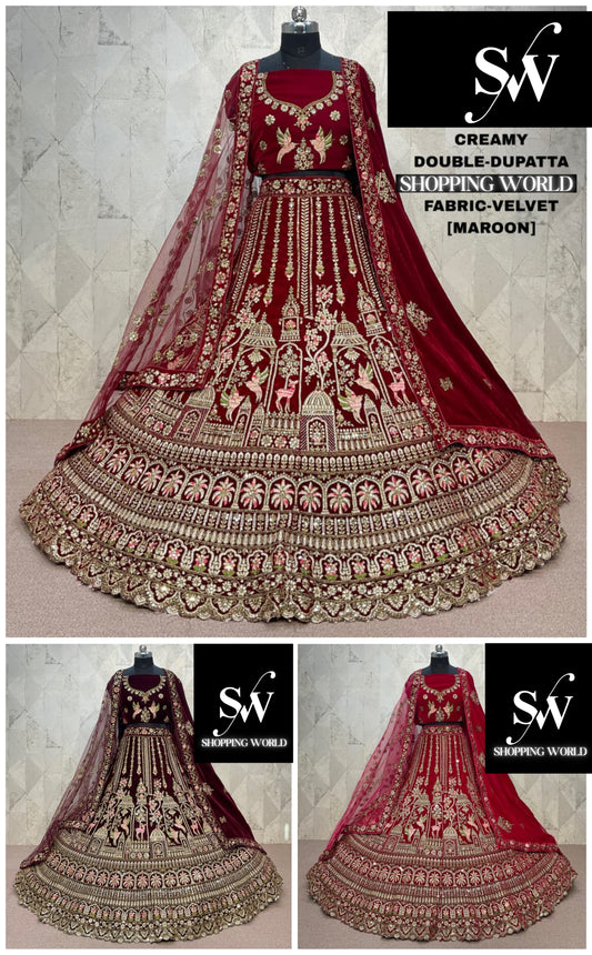 Awesome maroon Double Duptta Velvet Bridal Lehenga