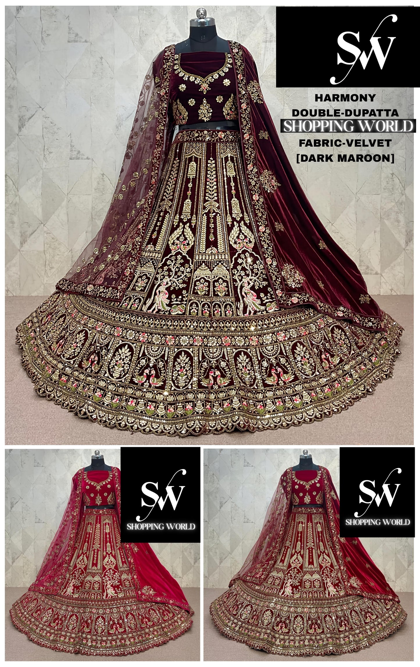 Embellished Dark maroon Double Duptta Velvet Bridal Lehenga
