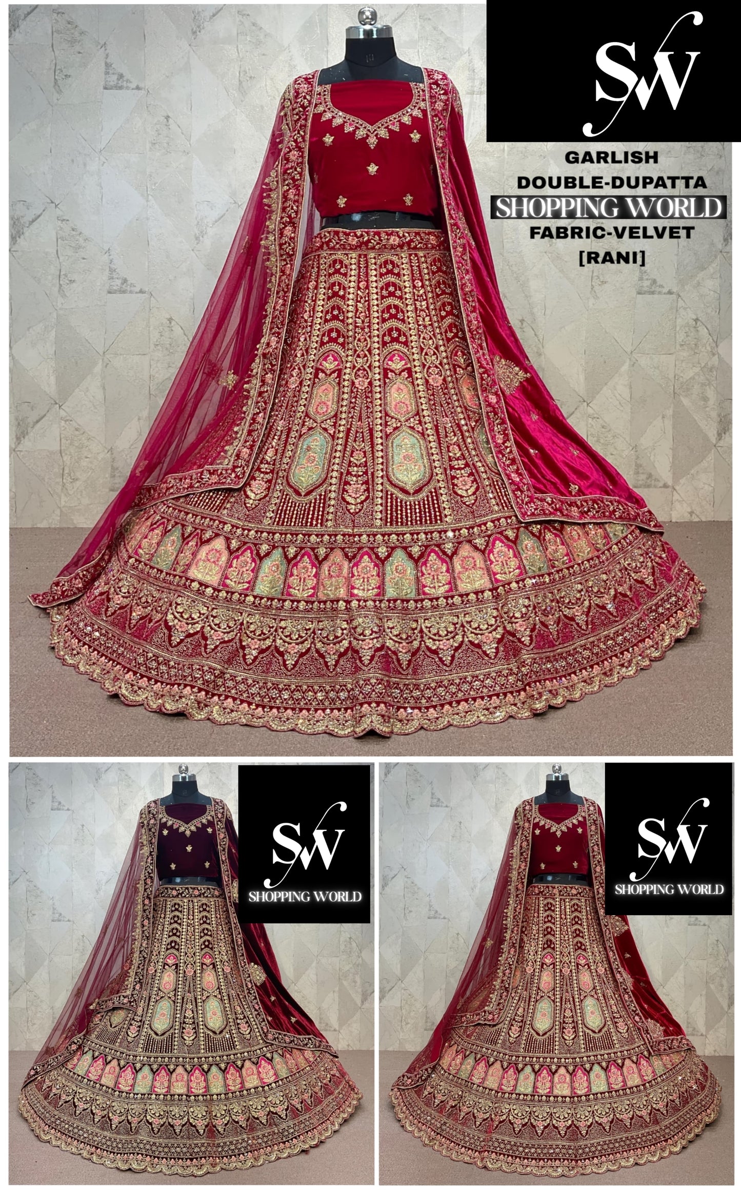 Eye catching Rani pink Double Duptta peacock Velvet Bridal Lehenga