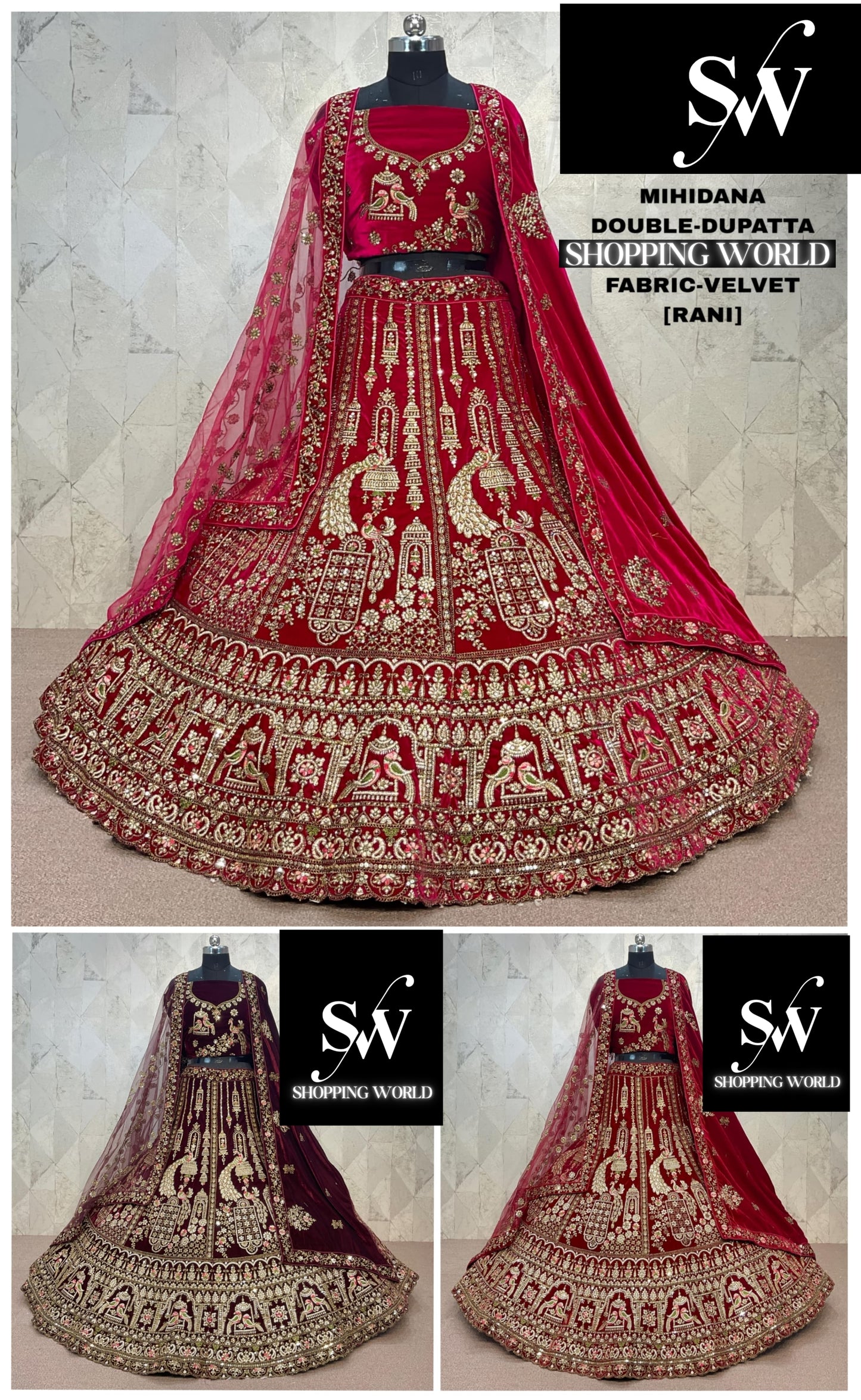 Charming Rani pink Double Duptta peacock Velvet Bridal Lehenga