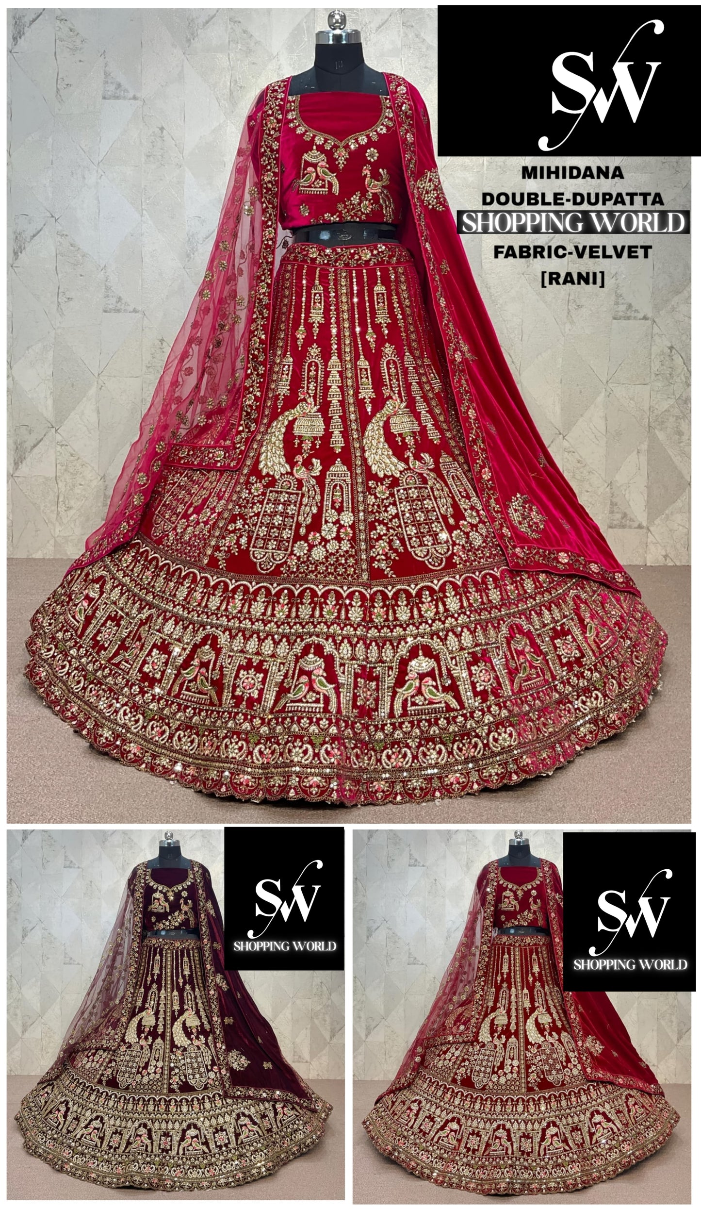 Charming Rani pink Double Duptta peacock Velvet Bridal Lehenga