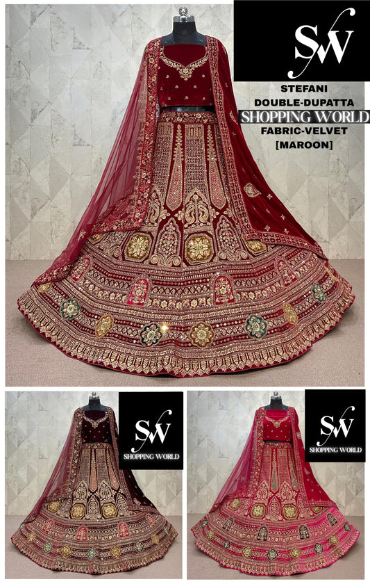 Pleasing maroon Double Duptta Velvet Bridal Lehenga