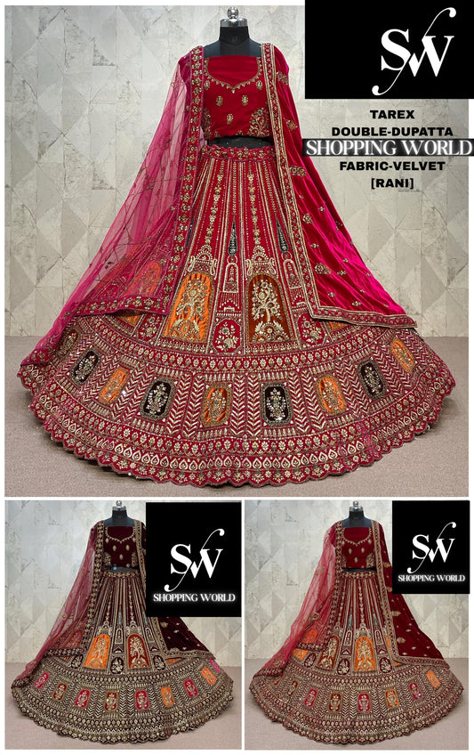 Khoobsurat Rani pink Double Duptta Velvet Bridal Lehenga