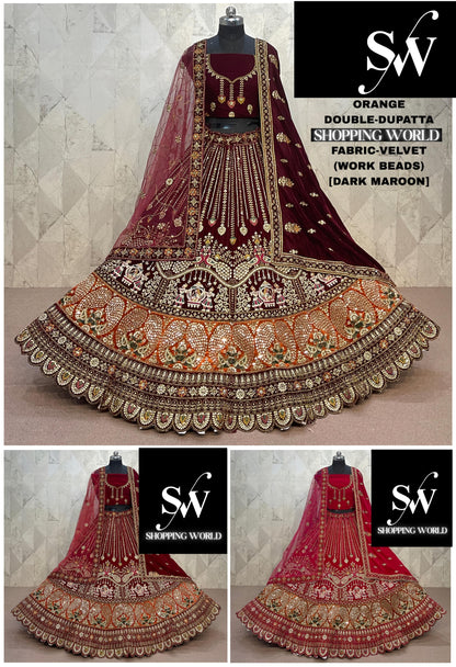 Pretty Dark maroon Double Duptta Jhumka Doli Barat Velvet Bridal Lehenga
