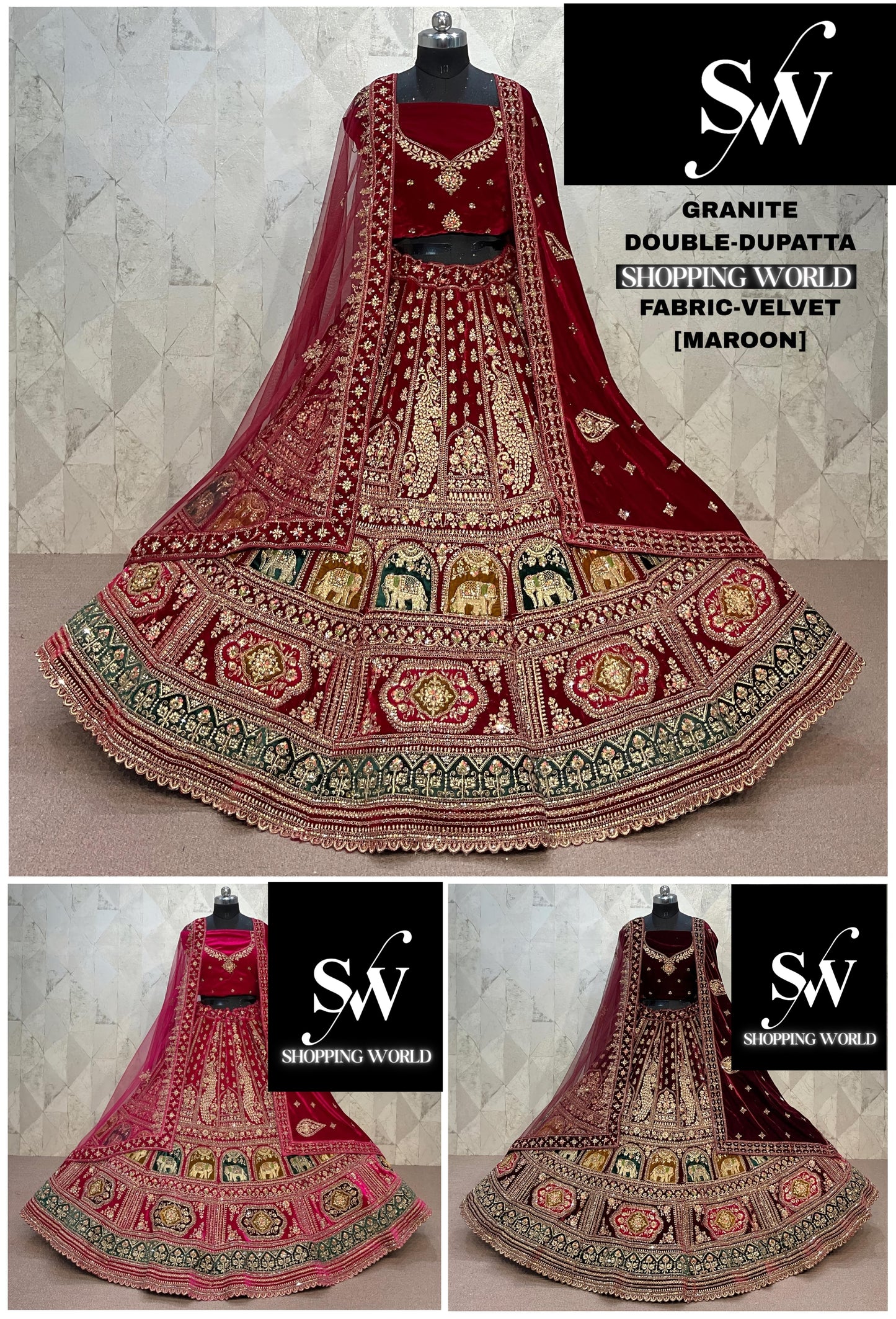 Lovely maroon Double Duptta peacock Velvet Bridal Lehenga