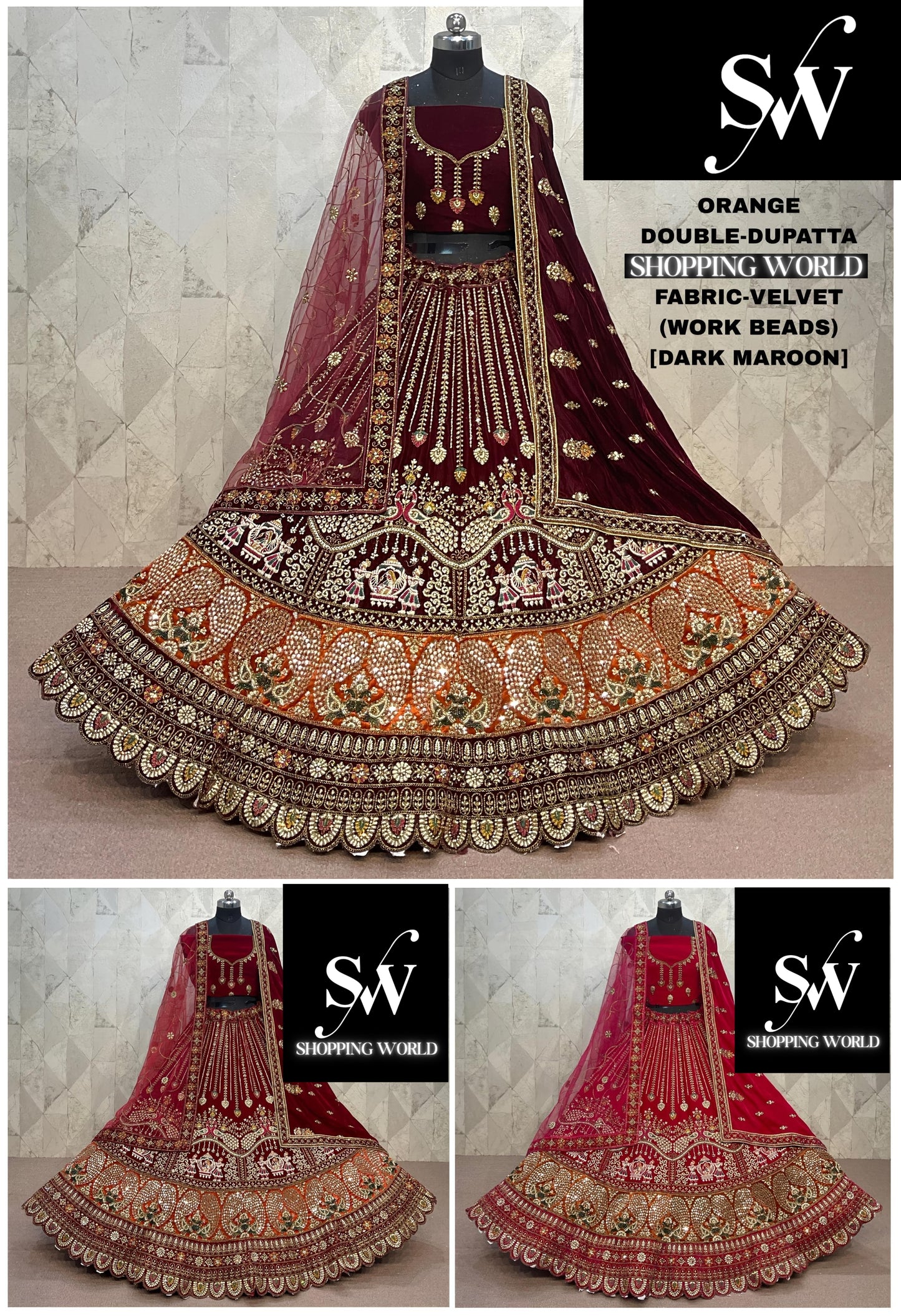 Pretty Dark maroon Double Duptta Jhumka Doli Barat Velvet Bridal Lehenga