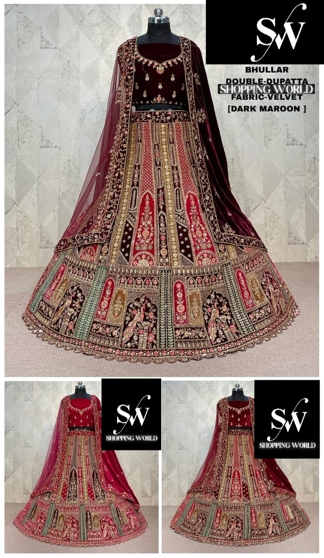 Tremendous Dark maroon Double Duptta Velvet Bridal Lehenga