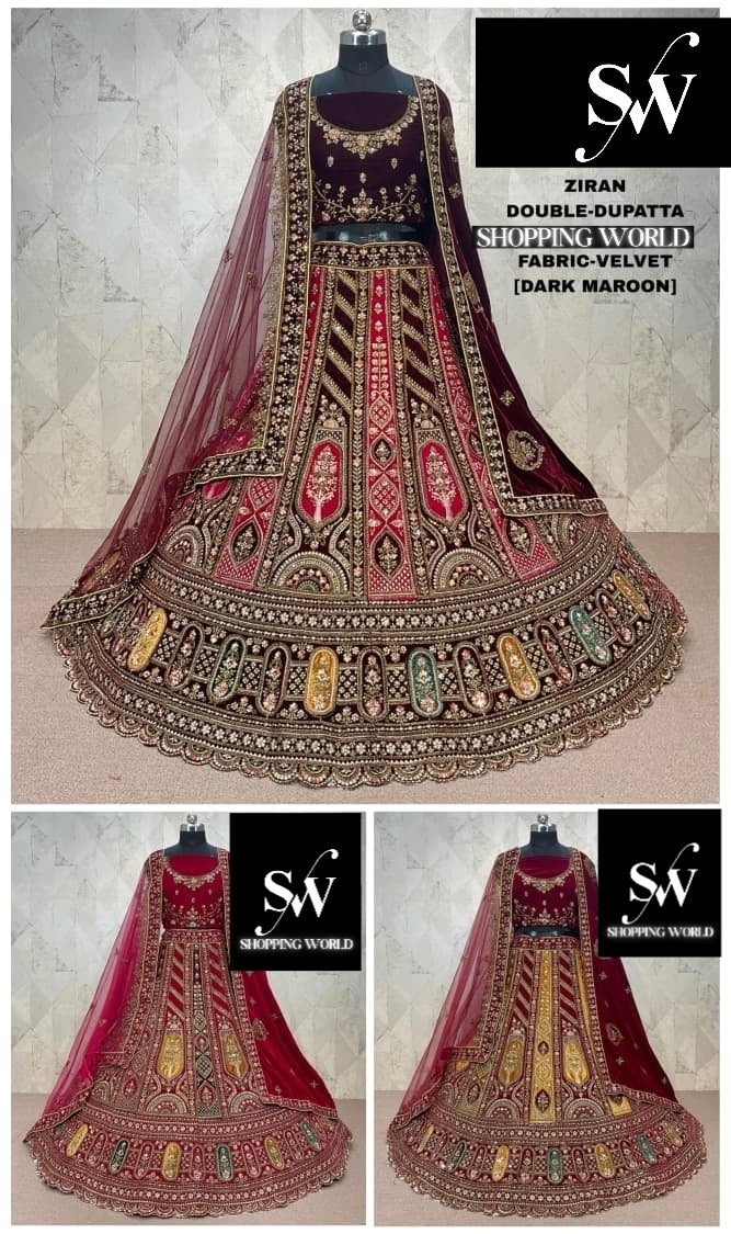 Designer Dark maroon Double Duptta Velvet Bridal Lehenga
