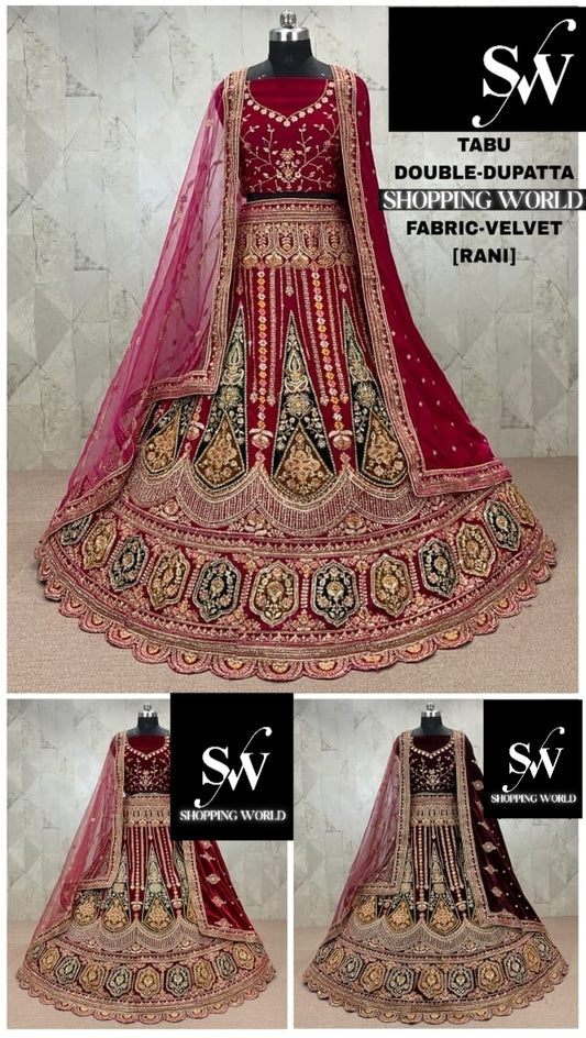 Gorgeous Rani pink Double Duptta Velvet Bridal Lehenga