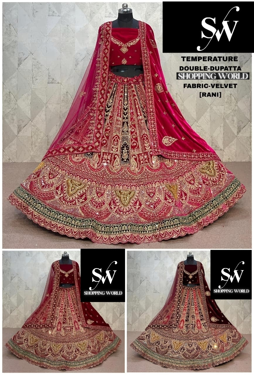 Glamorous Rani pink Double Duptta Velvet Bridal Lehenga