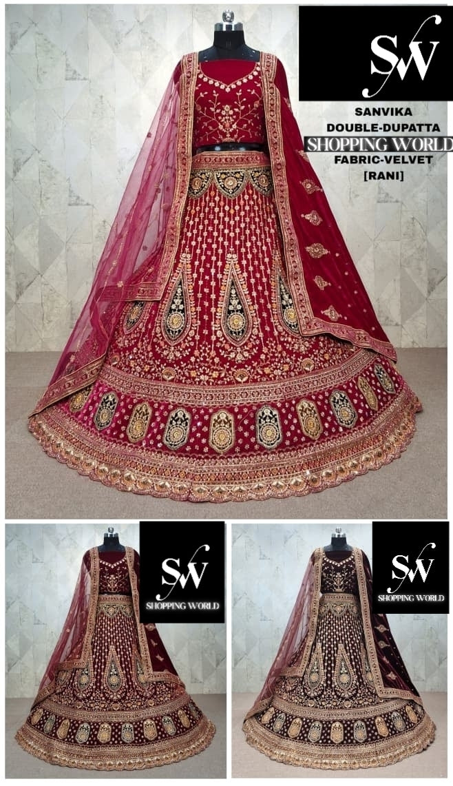 Astonishing Rani pink Double Duptta Velvet Bridal Lehenga