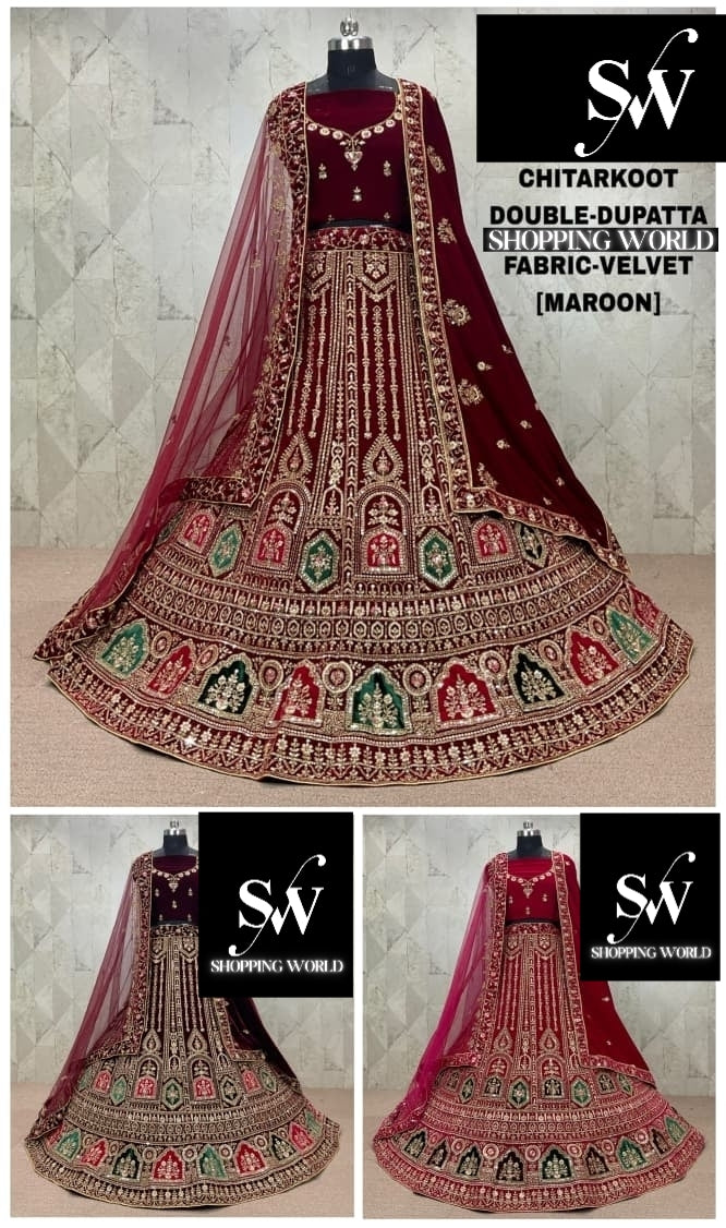 Fabulous maroon Double Duptta Velvet Bridal Lehenga