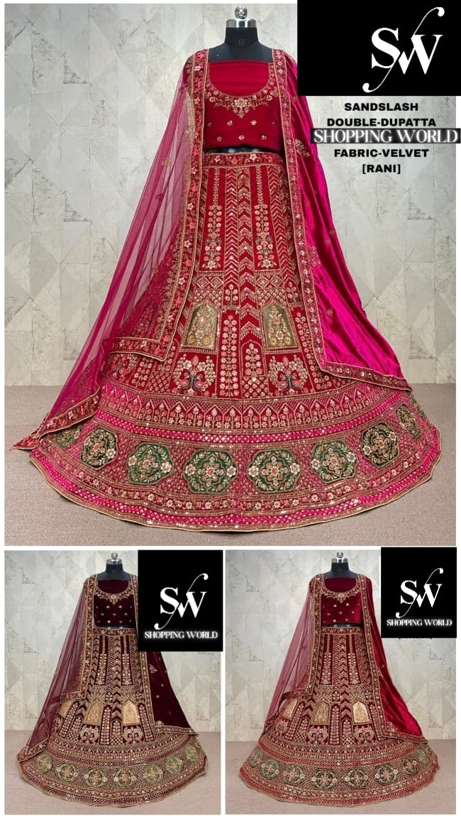 Awesome Rani pink Double Duptta Velvet Bridal Lehenga