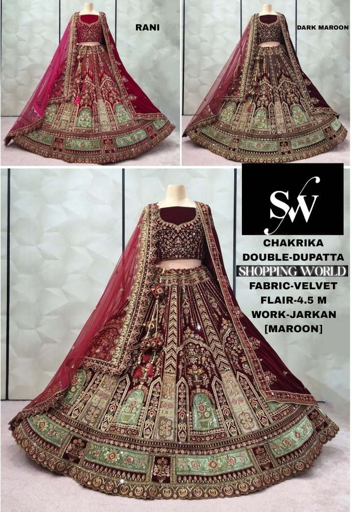 Majestic Dark Maroon Rani pink maroon Double Duptta Velvet Bridal Lehenga